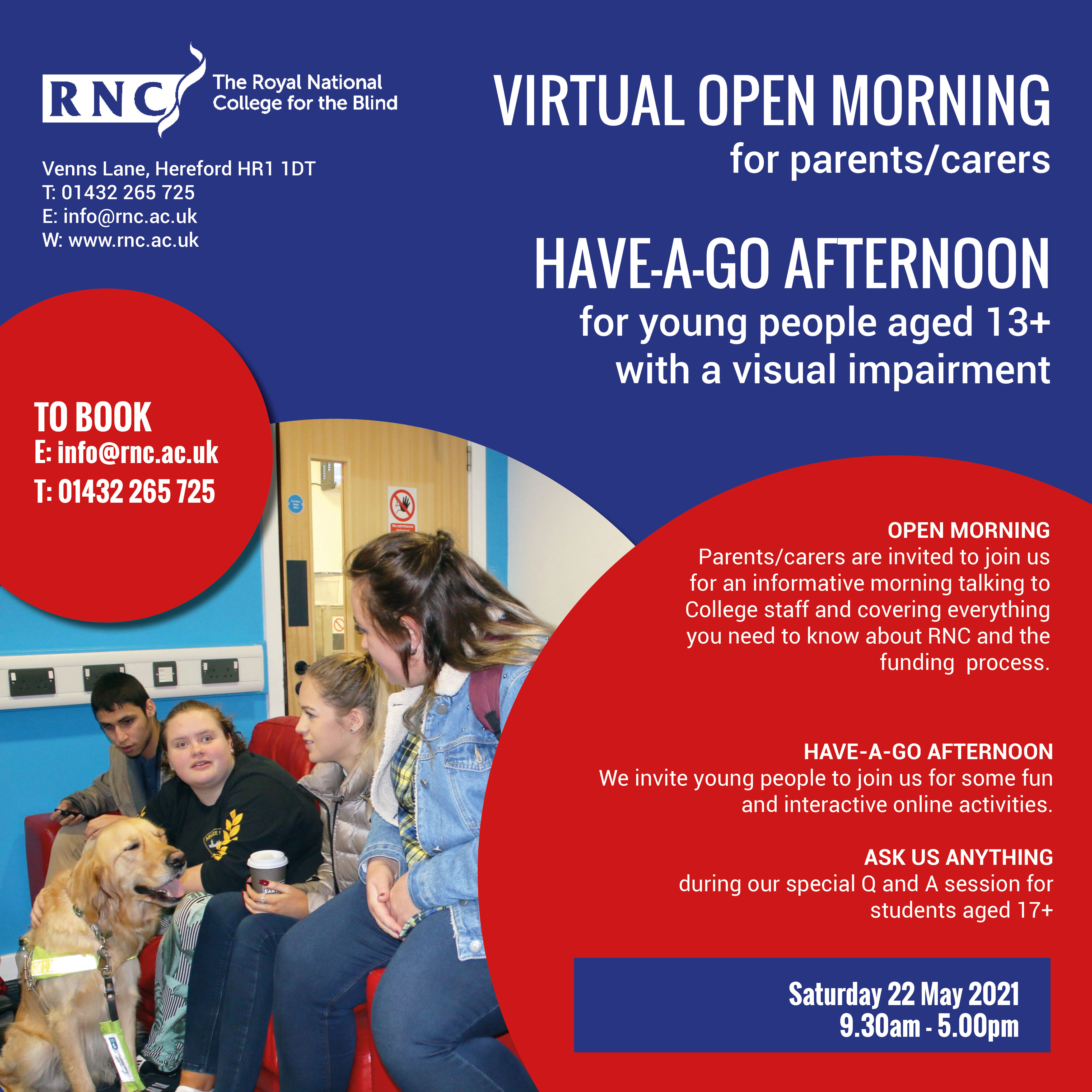 poster advertising open event with image of a group of students sitting on a red sofa chatting with a guide dog in the foreground