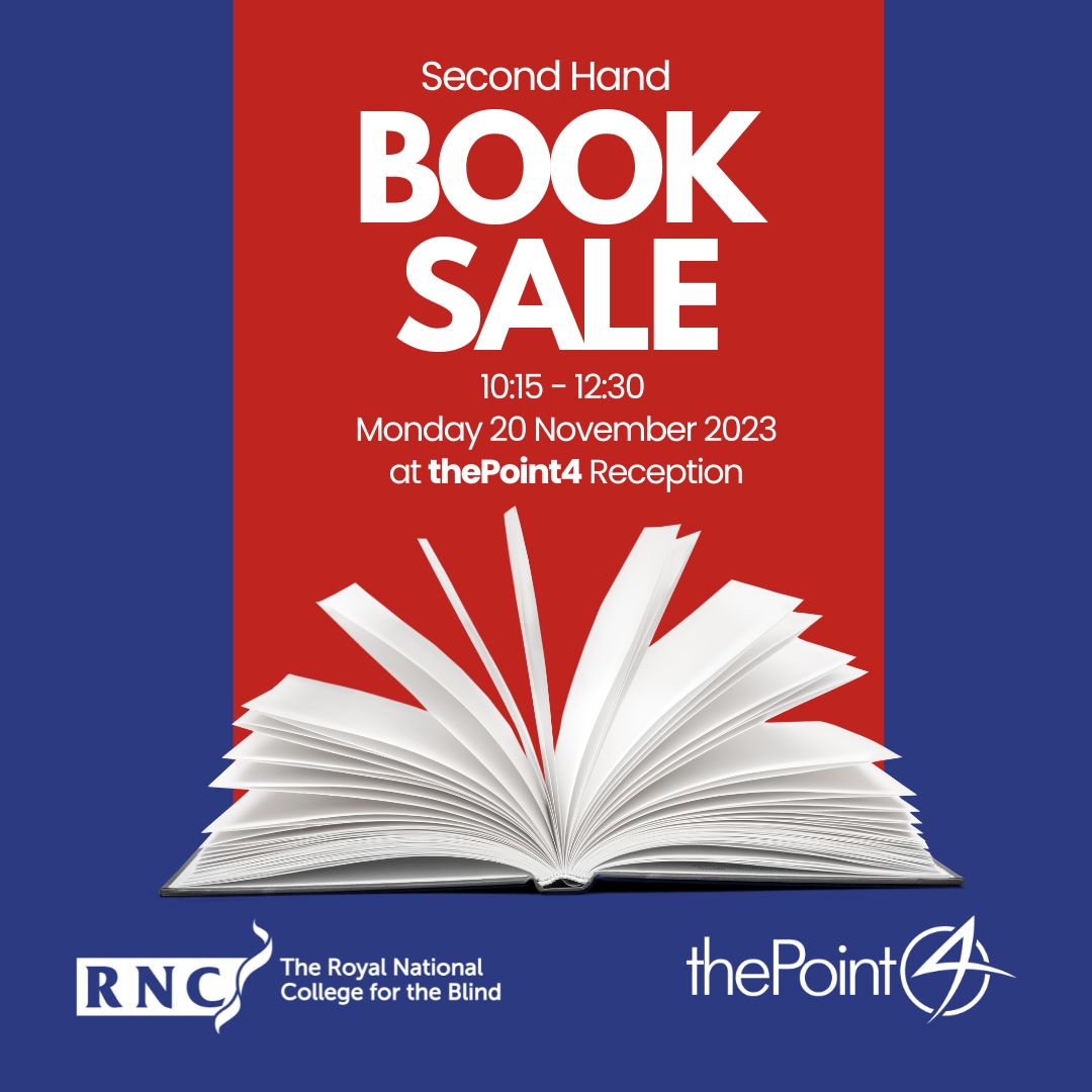 a red white and blue poster with RNC and thePoint4 logos displayed. Text reads: Second hand book sale 10.15 to 12.30 Monday 20 November at thePoint4 reception