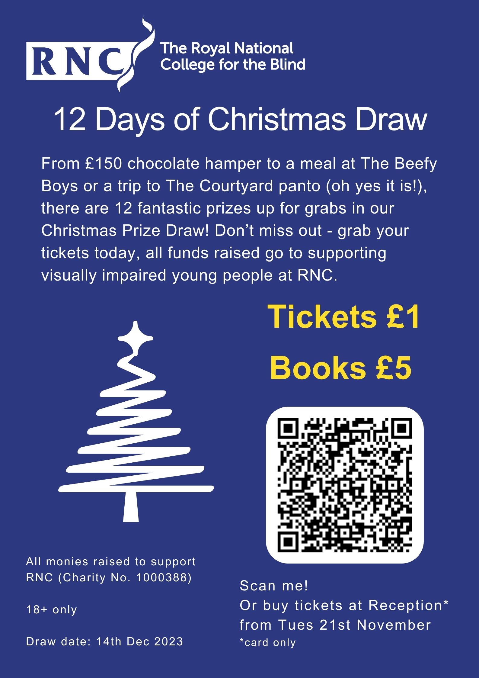 a poster with a blue background and white text and white Christmas tree graphic, QR code and RNC logo