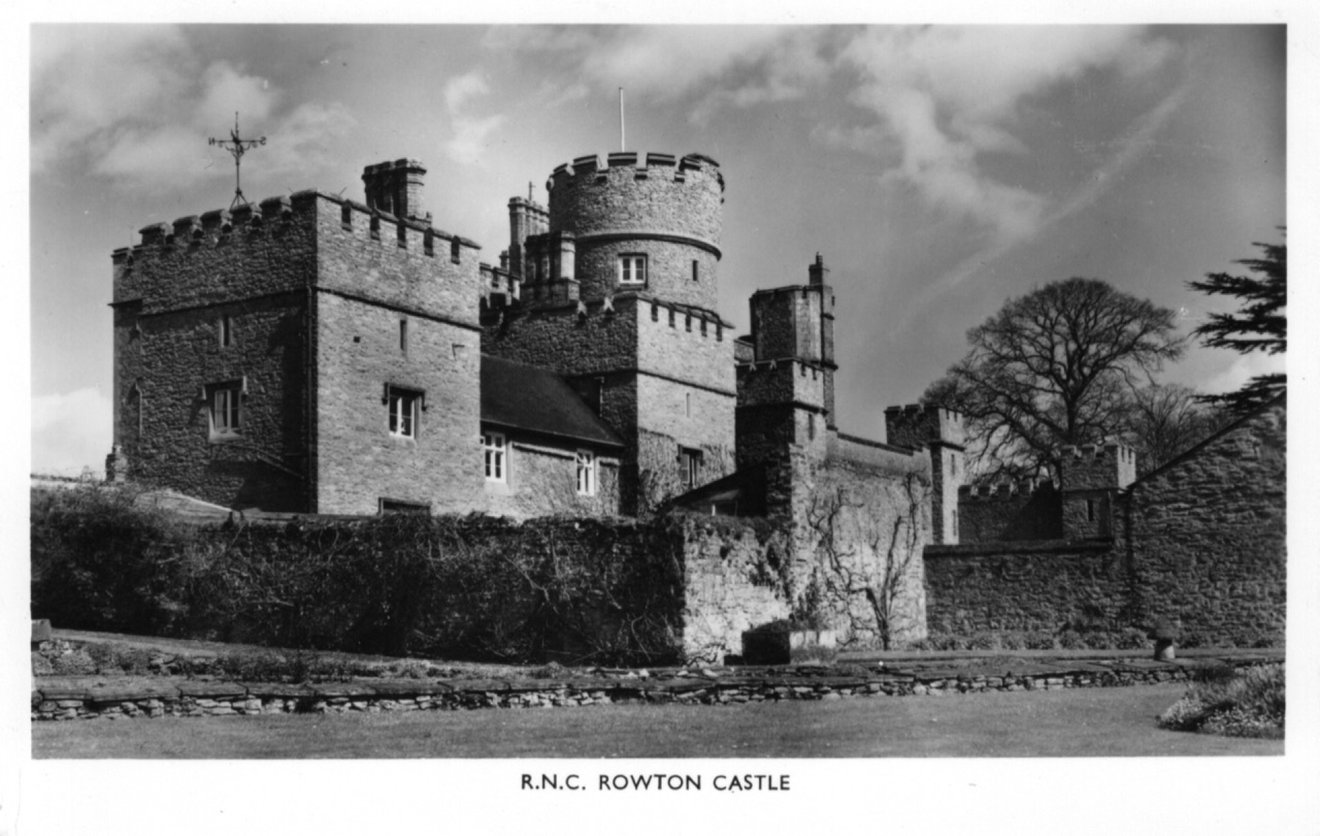 a black and white postcard of Rowton Castle with text: RNC Rowton Castle