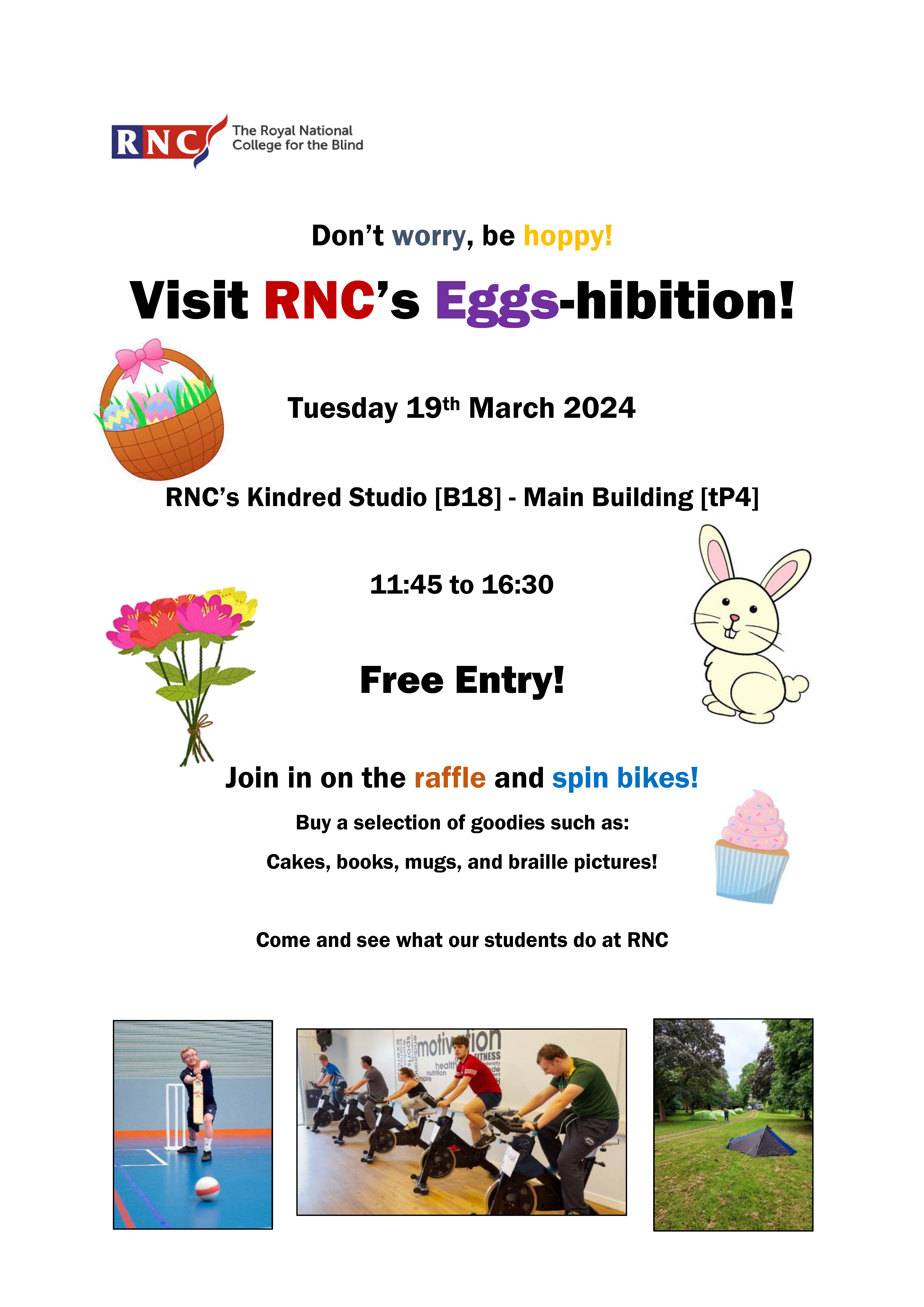 A poster with text and images of flowers, easter eggs and bunnies